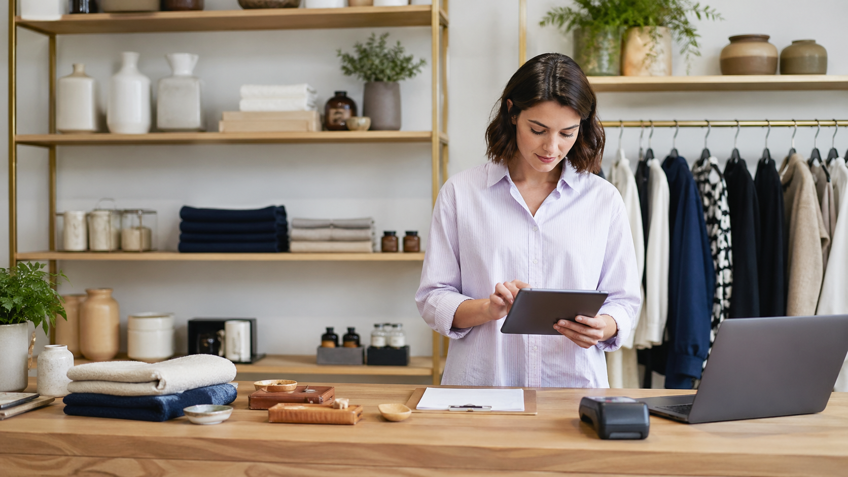 Person managing sales in a modern store with organized products