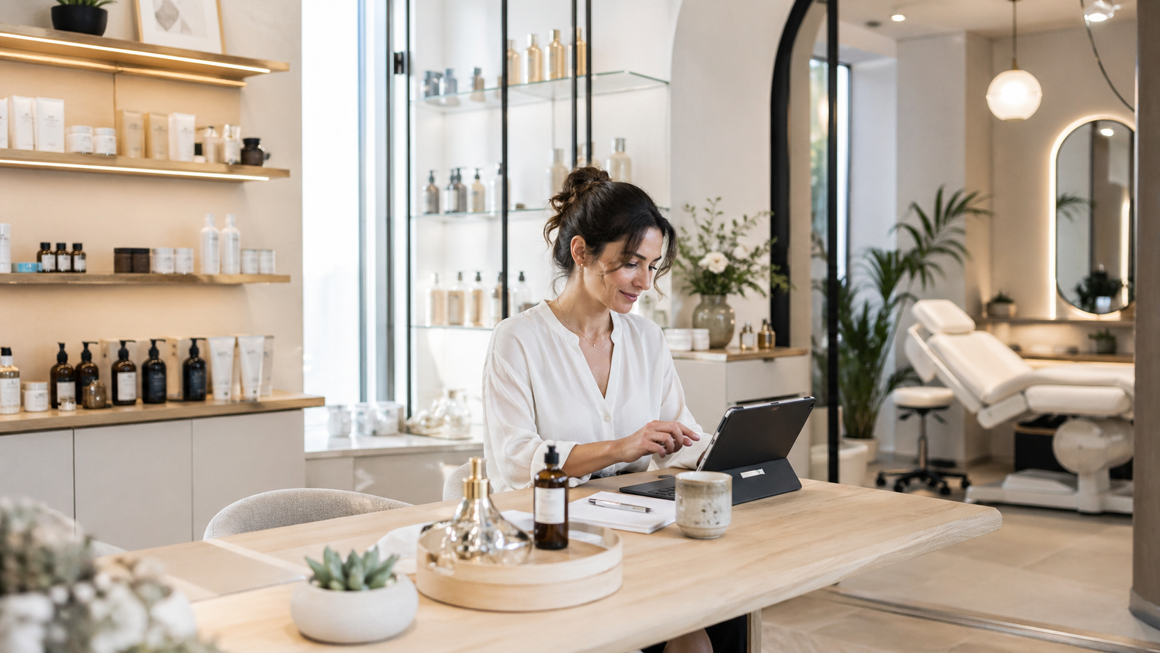 Person managing products and services in a modern commercial space